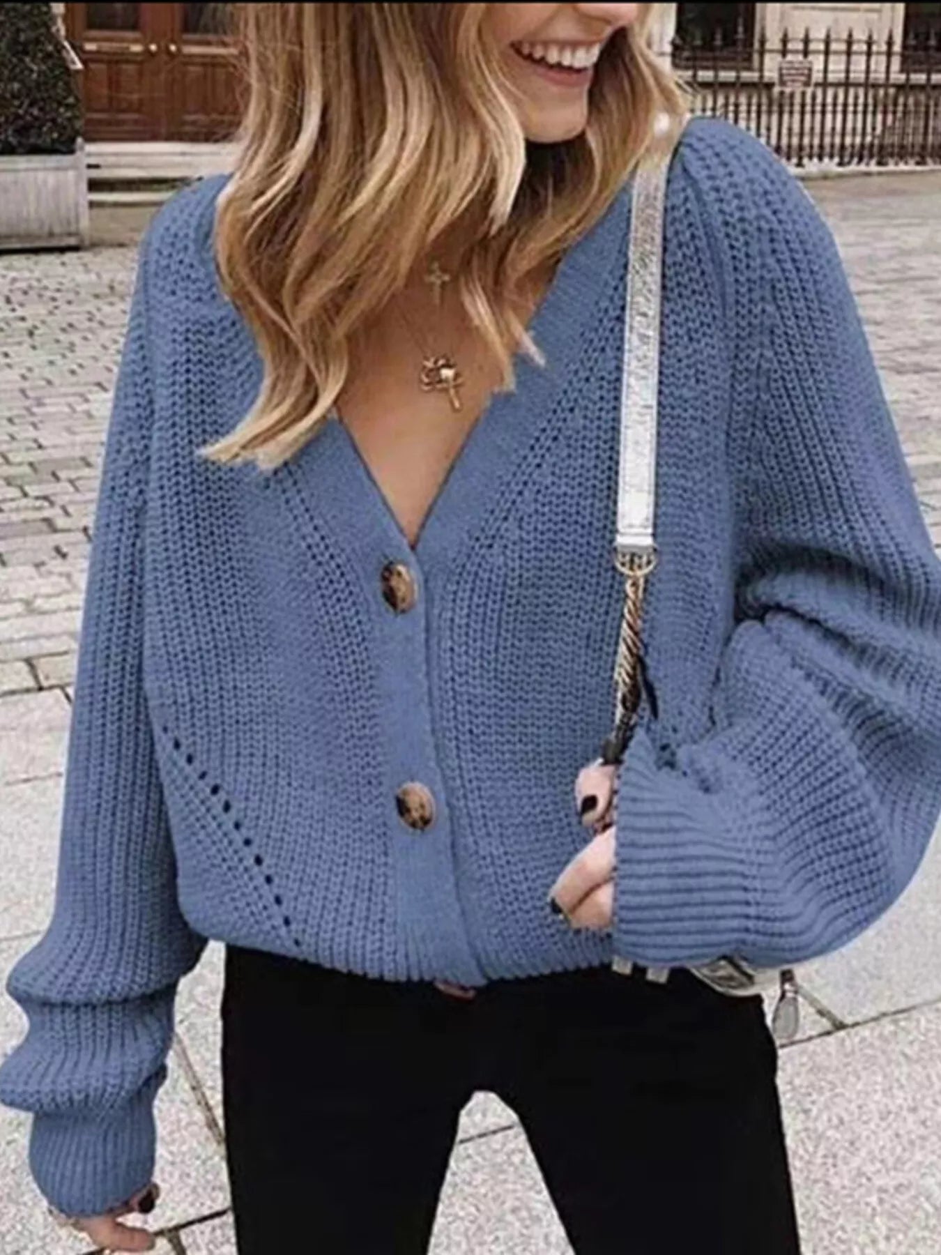 Chunky Knit Button Down Cardigan in blue with oversized sleeves and buttons for a cozy layered style.