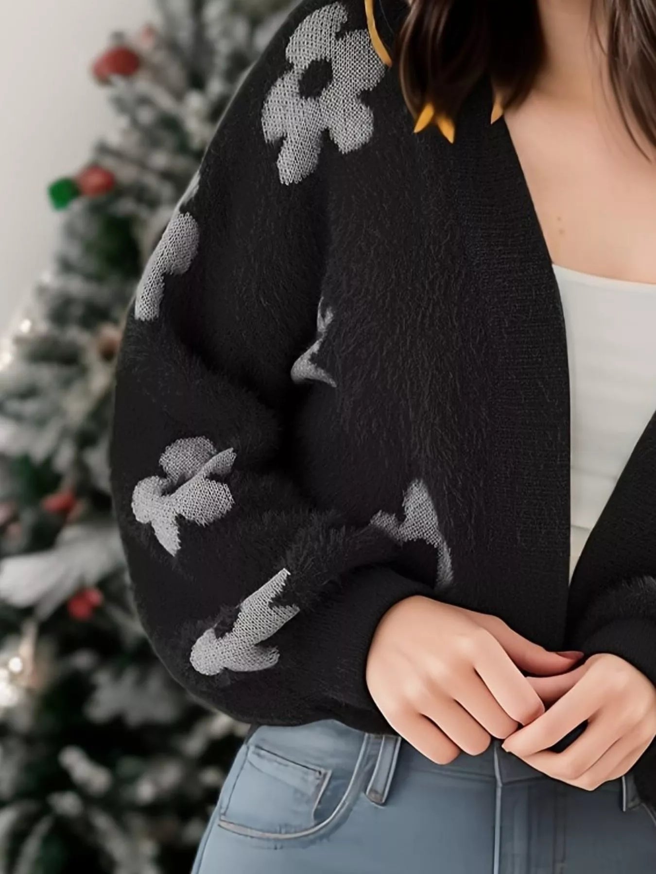 Floral Open Front Cardigan for Women featuring black and gray floral pattern against a festive background.