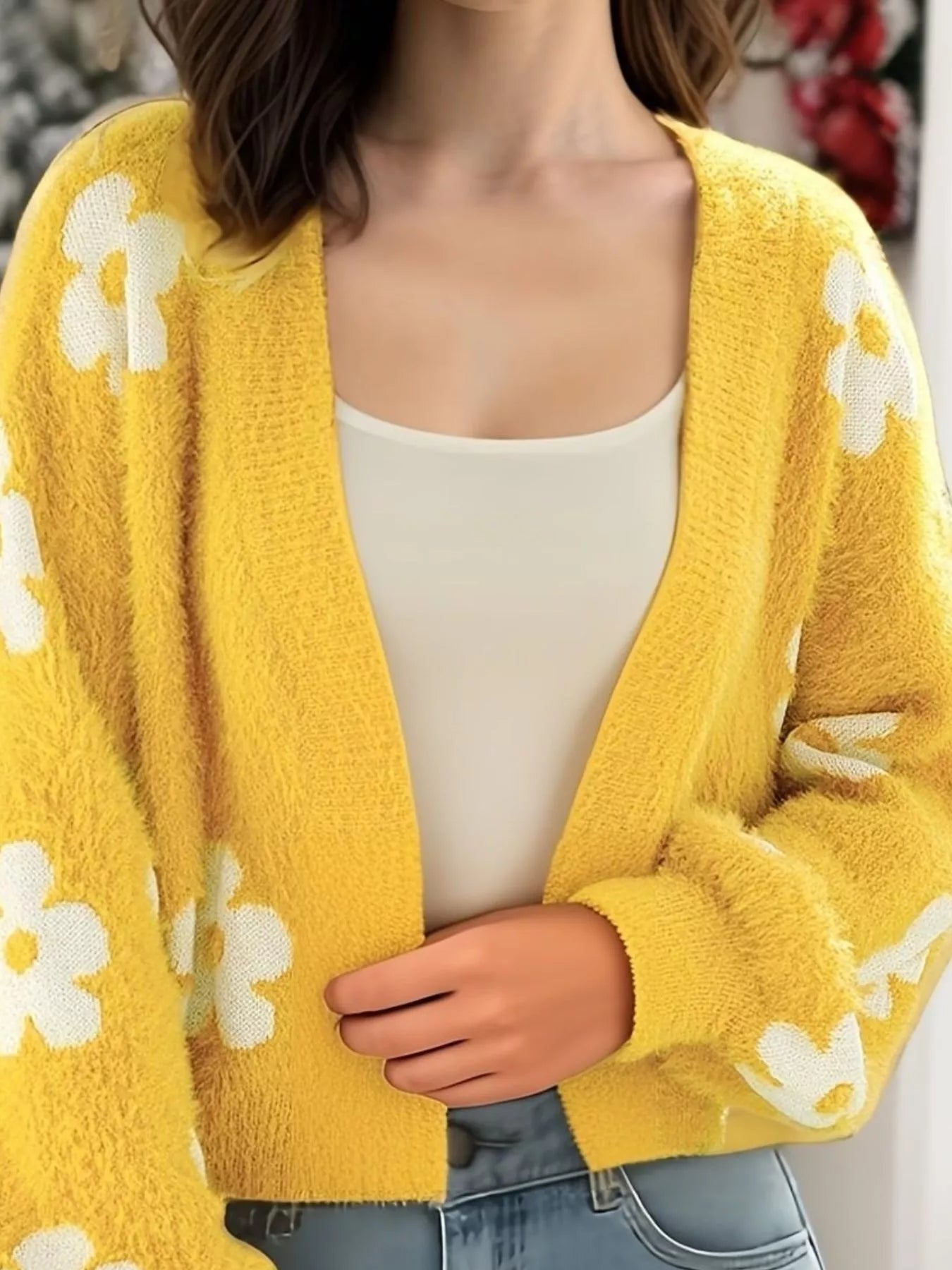 Floral Open Front Cardigan for Women in vibrant yellow with white flowers, perfect for everyday style.