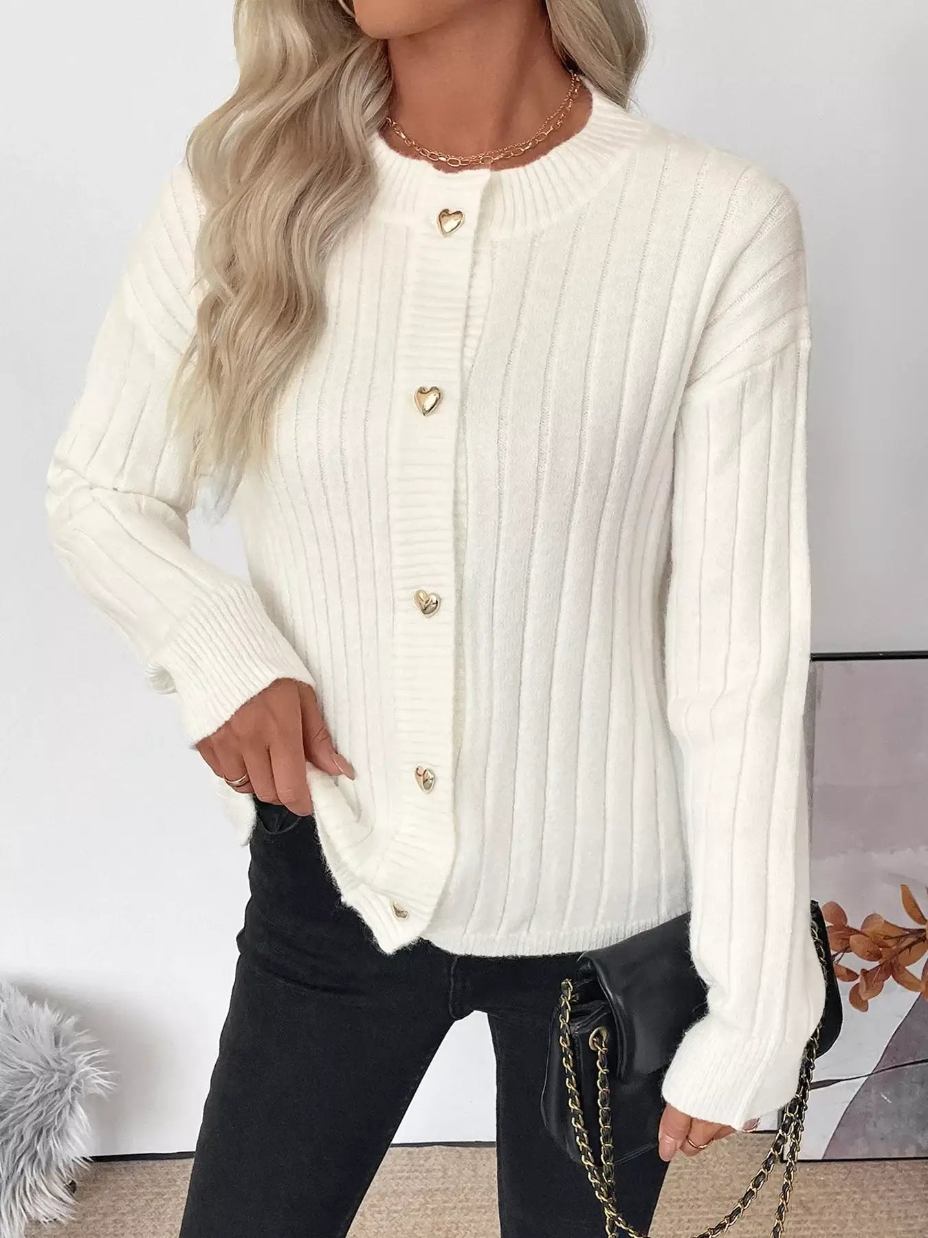 Ribbed Button Up Long Sleeve Cardigan with classic heart-shaped buttons in white, perfect for layering and casual outfits.