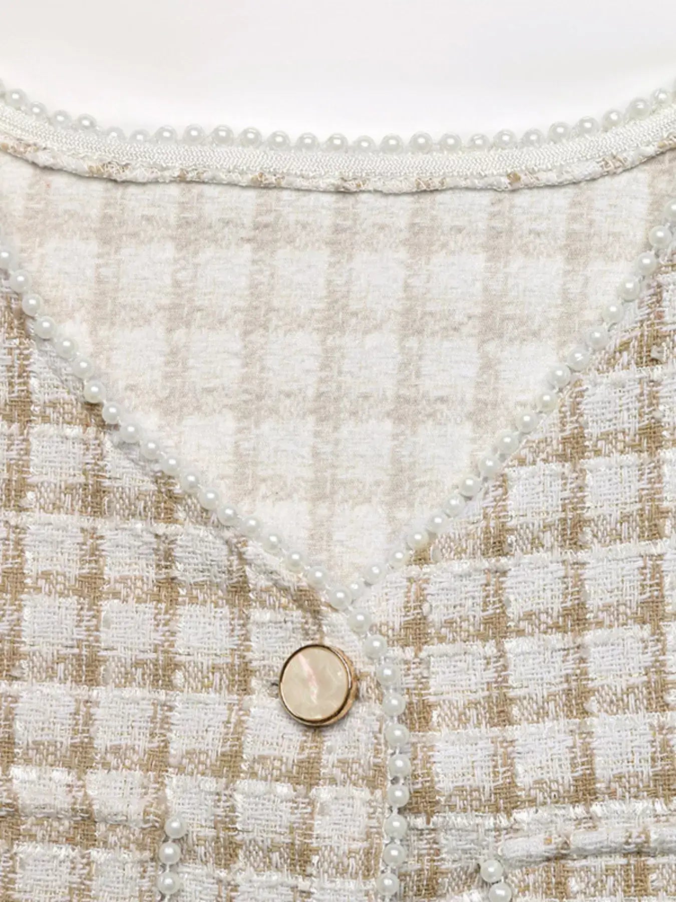 Plaid Button-Front Long Sleeve Outerwear featuring a classic plaid pattern and pearl detailing on the neckline.