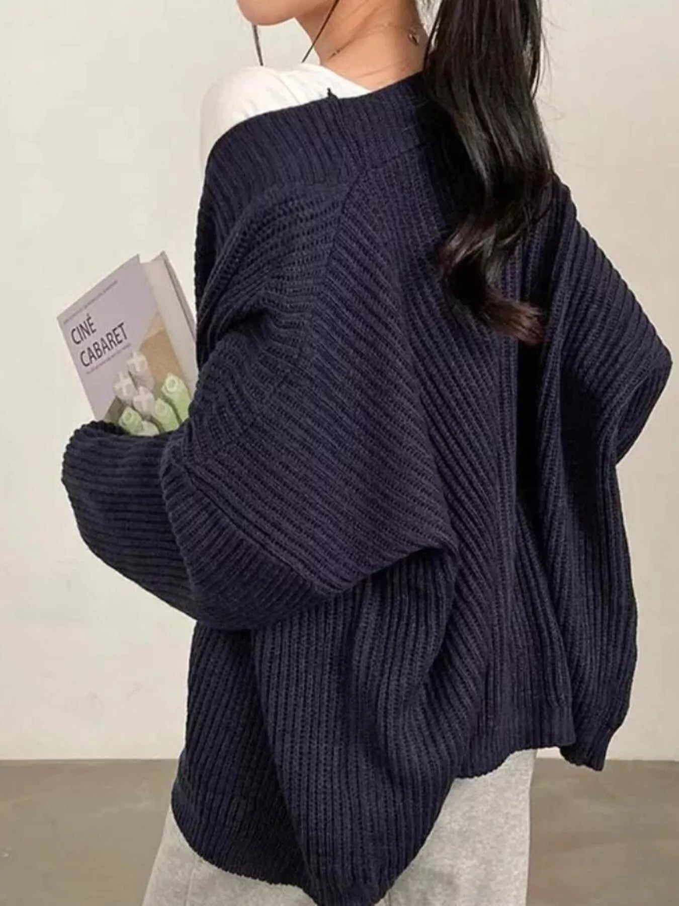 Open Front Oversized Knit Cardigan for Women, navy oversized knit cardigan, stylish and comfortable fashion.