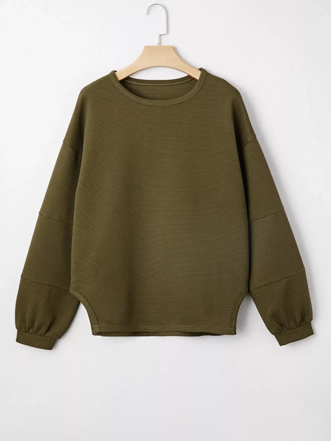 Ribbed Knit Oversized Sweatshirt in olive green featuring a textured design and relaxed fit.