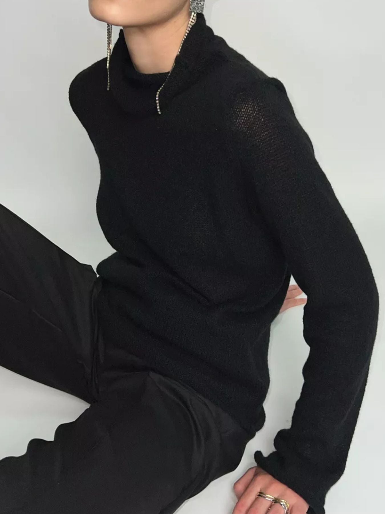 Mock Neck Long Sleeve Sweater in black, showcasing a casual style and elegant fit for women.