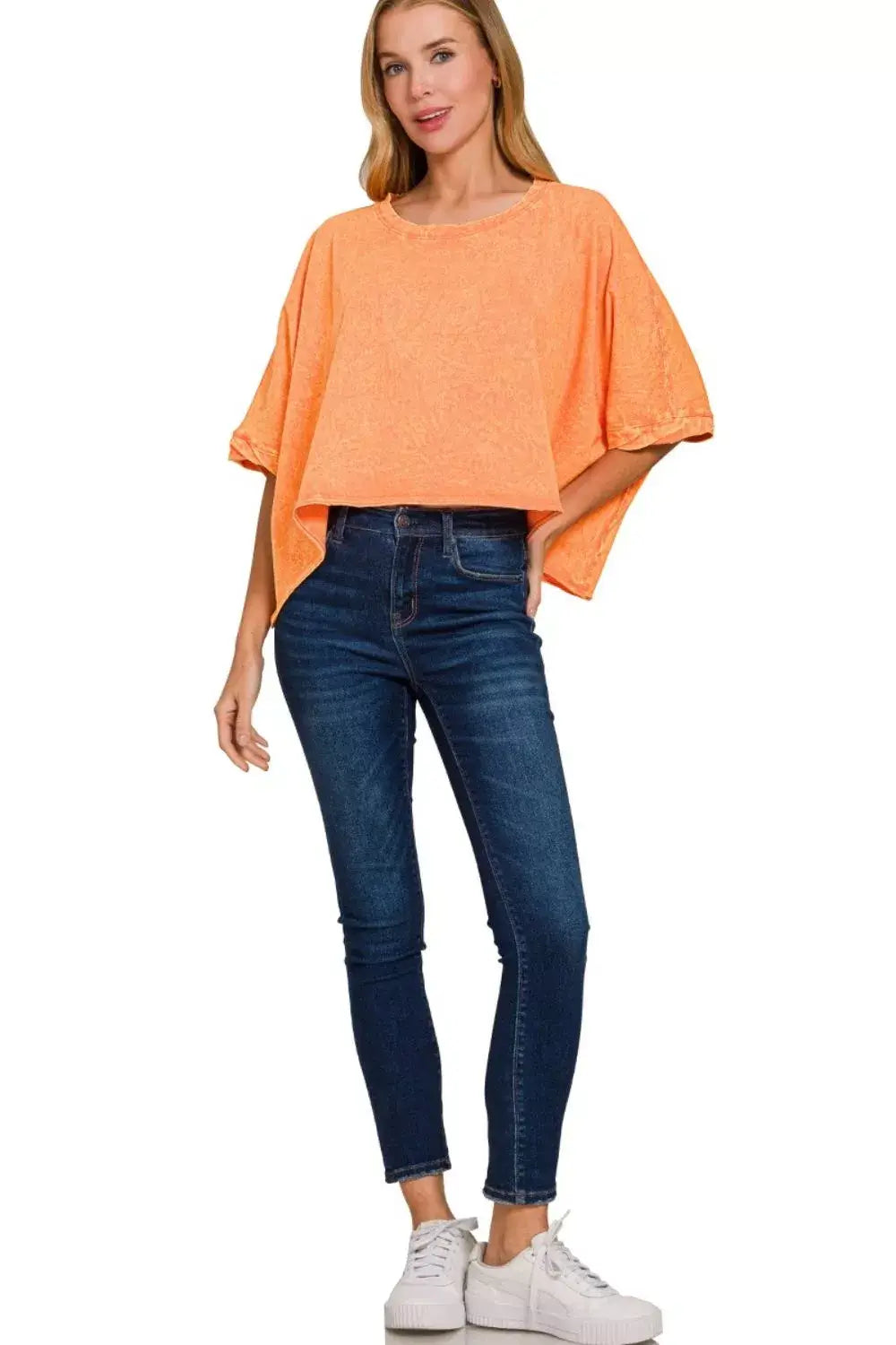 Zenana Premium Cotton Crinkle Wash Oversized Cropped Tee in vibrant orange worn with jeans.