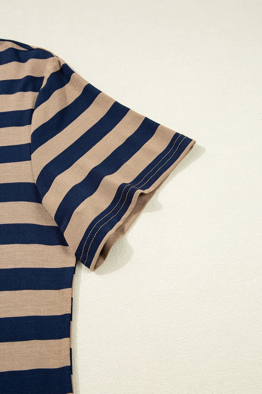 Casual Striped V-Neck Midi T-Shirt Dress sleeve detail showing navy and beige stripes.