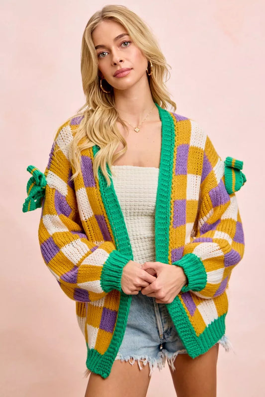 Bibi Mardi Gras Checker Board Front Open Cardigan for Women featuring vibrant checkerboard pattern and open front design.