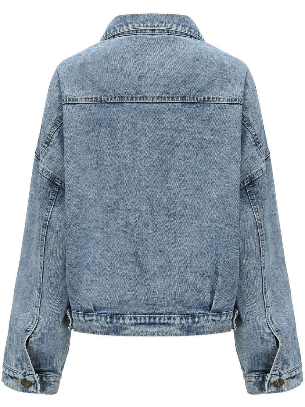 Back view of a Button Down Drop Shoulder Denim Jacket in light blue for casual layering.