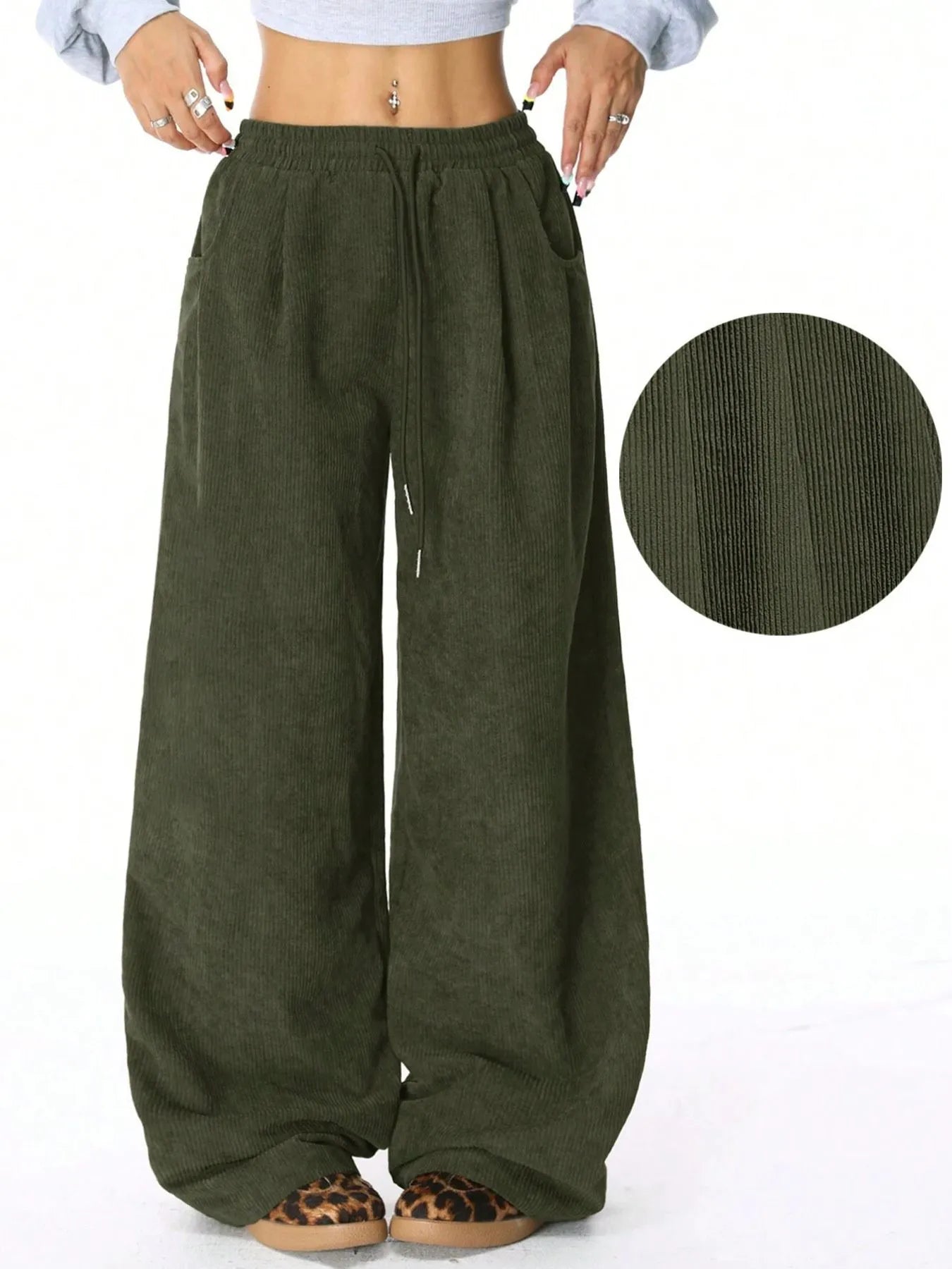 Drawstring Wide Leg Pants in olive green, featuring pockets and a relaxed fit for everyday comfort.