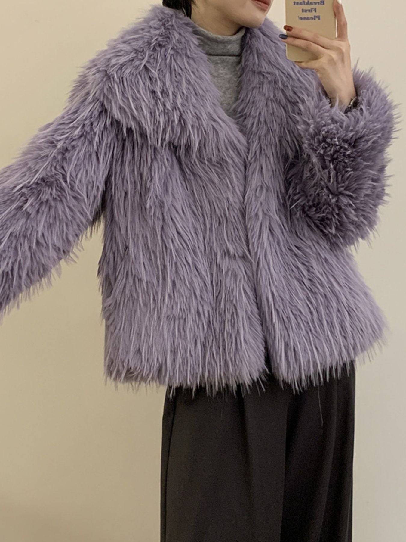 Faux Fur Open Front Outerwear in lavender, featuring cozy design and thick lining, perfect for winter.