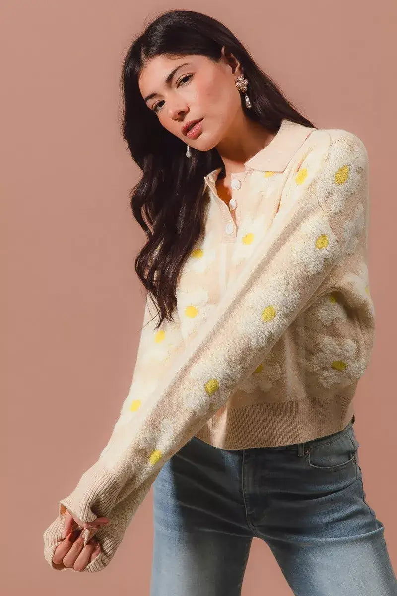SO ME floral stripe polo collar sweater in beige with floral design, perfect for a chic style statement.