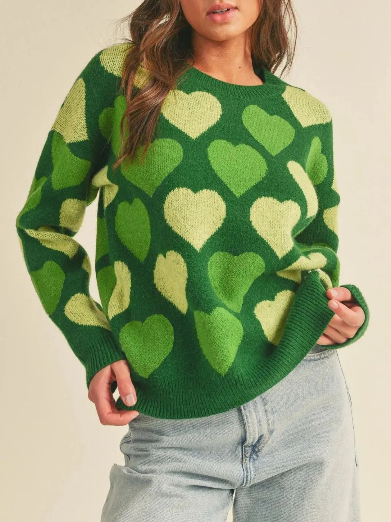 Heart Ribbed Hem Long Sleeve Sweater featuring a green heart pattern on a cozy fabric.