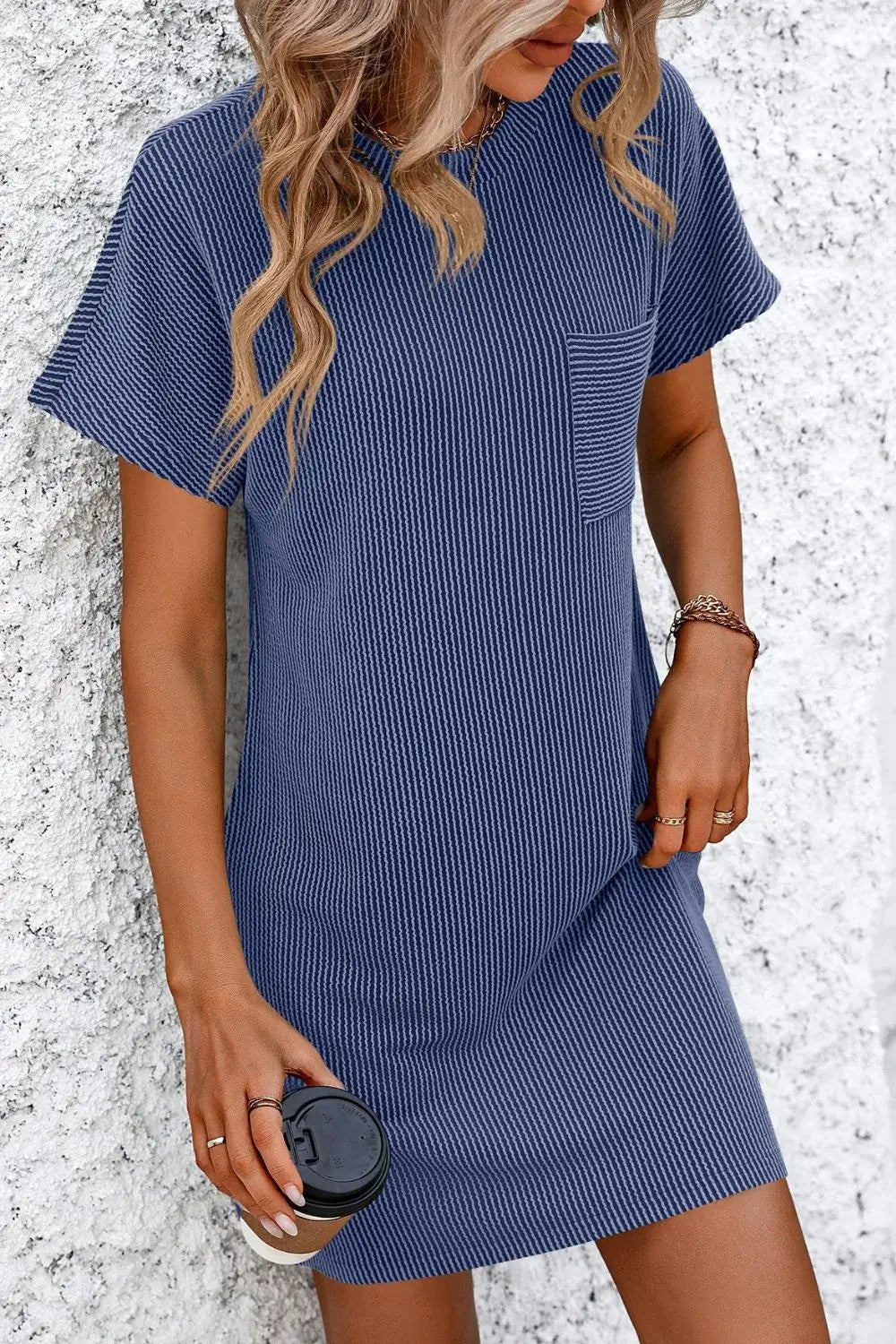 Mandy Ribbed Striped Mini Tee Dress in blue with pockets, perfect for casual everyday style.