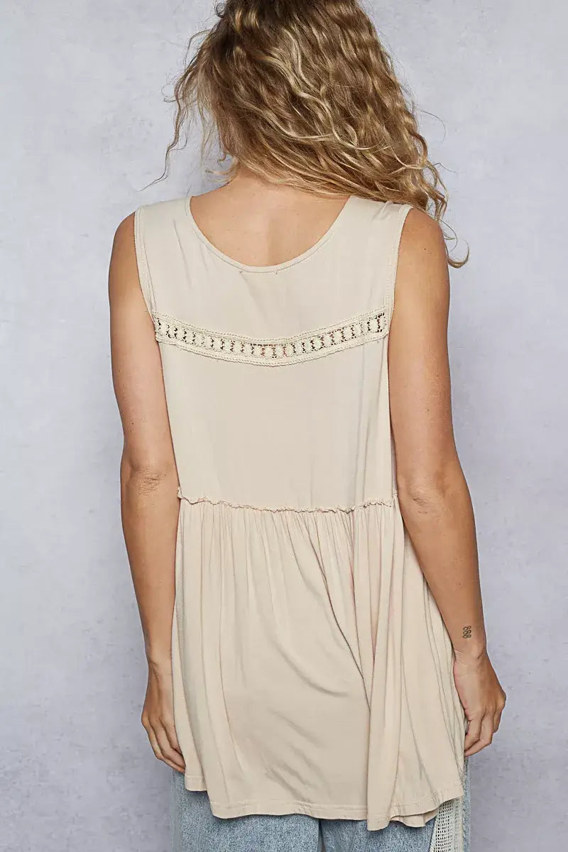 Back view of POL Lace Trim Babydoll Sleeveless Top in beige with lace detail and flowy babydoll silhouette.
