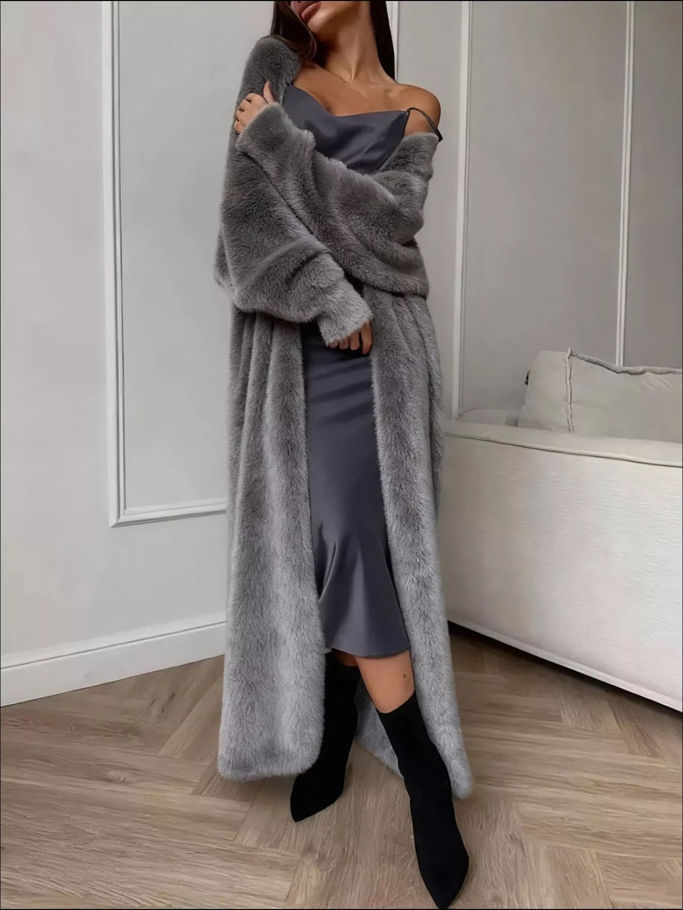 Fuzzy Open Front Longline Cardigan worn with sleek gray dress and knee-high black boots, showcasing a chic and cozy women's outfit.