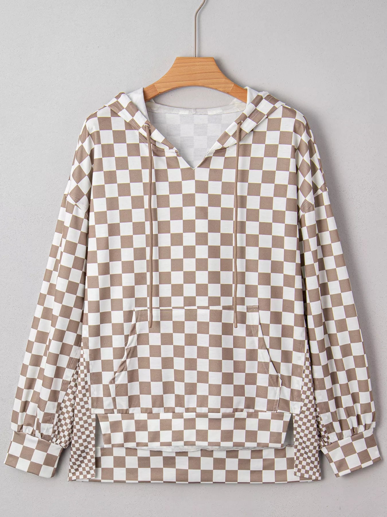 Checkered Pattern Oversized Drawstring Hoodie in a brown and white checkered design with front pocket.