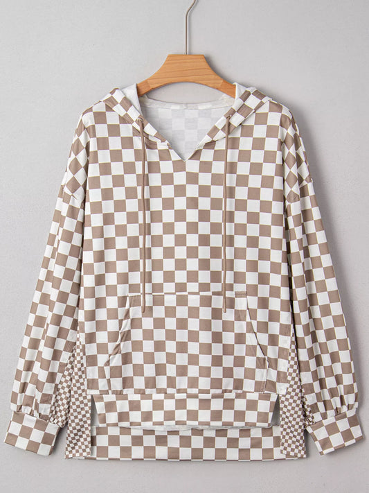 Checkered Pattern Oversized Drawstring Hoodie in a brown and white checkered design with front pocket.