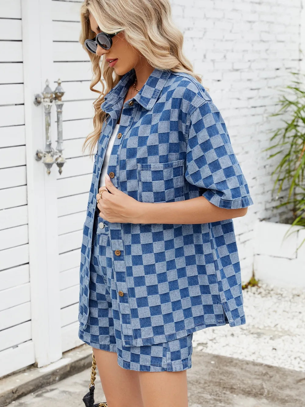 Checkered Shirt and Shorts Denim Set displayed on a model in a casual outdoor setting.