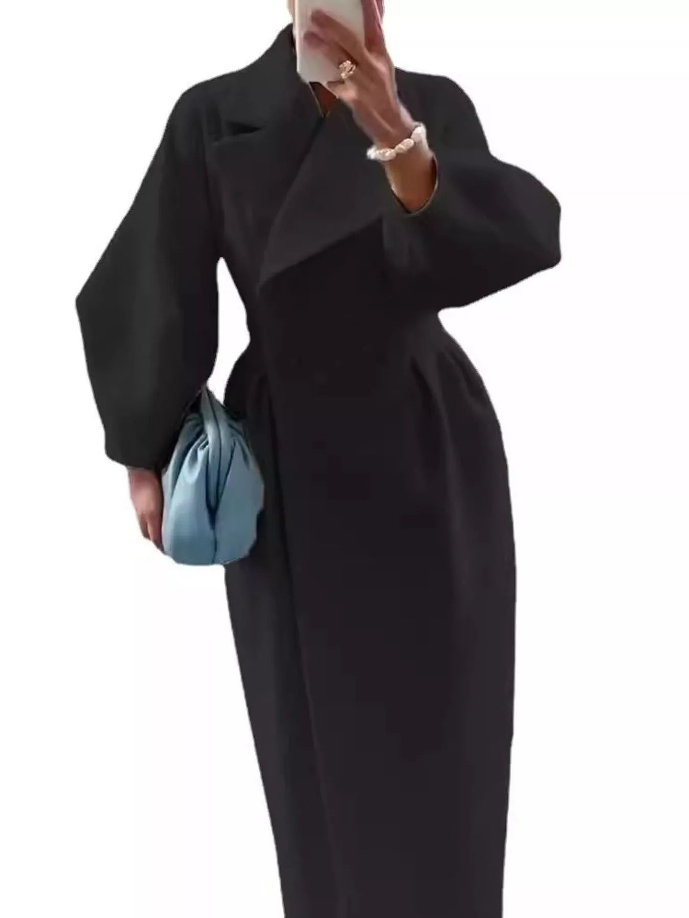 Double-Breasted Longline Coat with elegant tailored silhouette, featuring buttoned and ruched design.