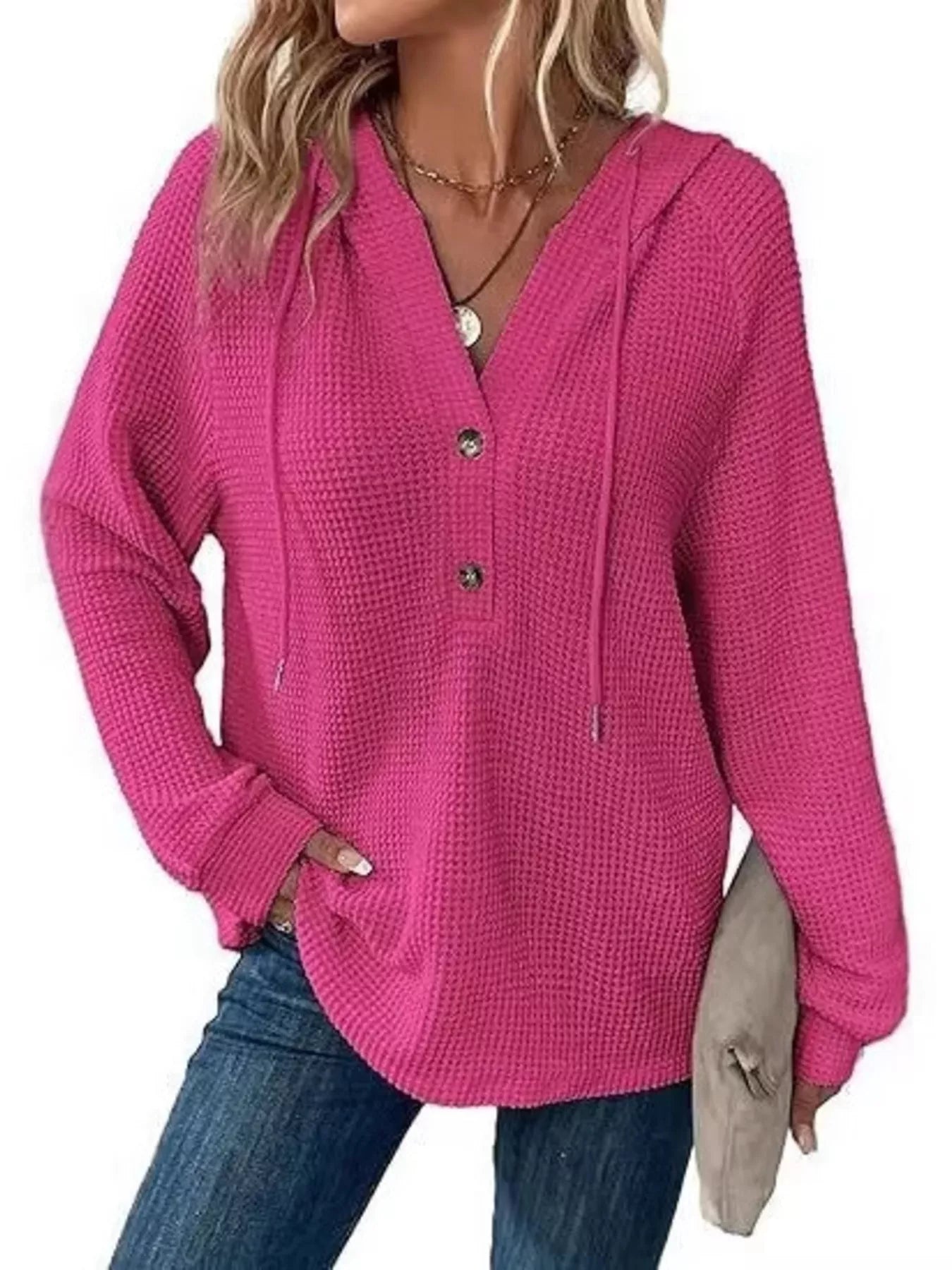 Full Size Button Detail Waffle Knit Hoodie Plus Size in vibrant pink worn casually with jeans.