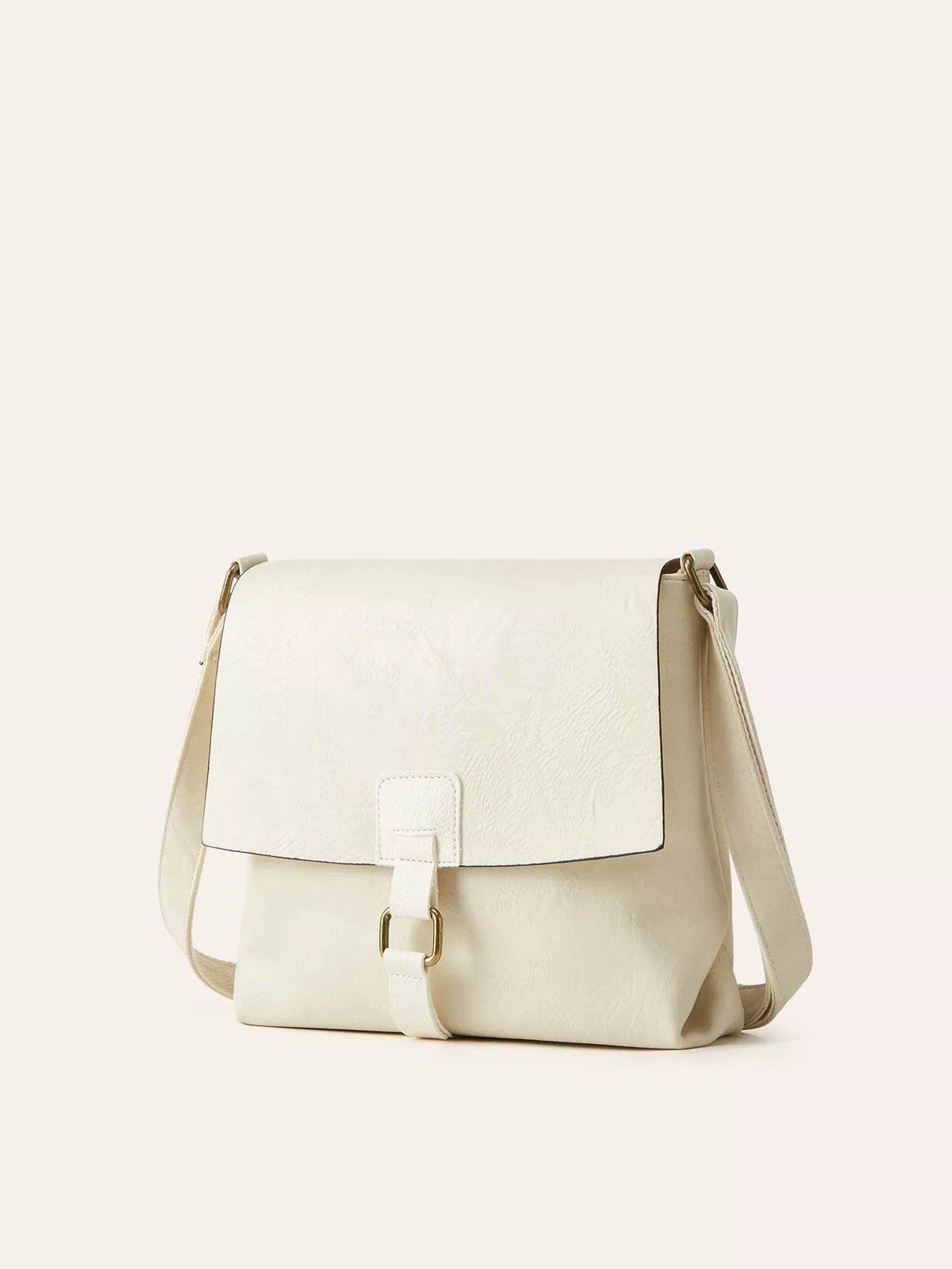 Vintage Buckle Flap Crossbody Bag in white PU leather with a buckle closure and adjustable strap.