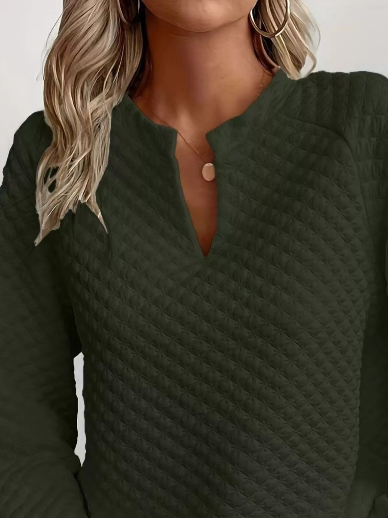Quilted Texture Long Sleeve Sweatshirt with Notched Neck in green color, featuring a stylish notched neck design.