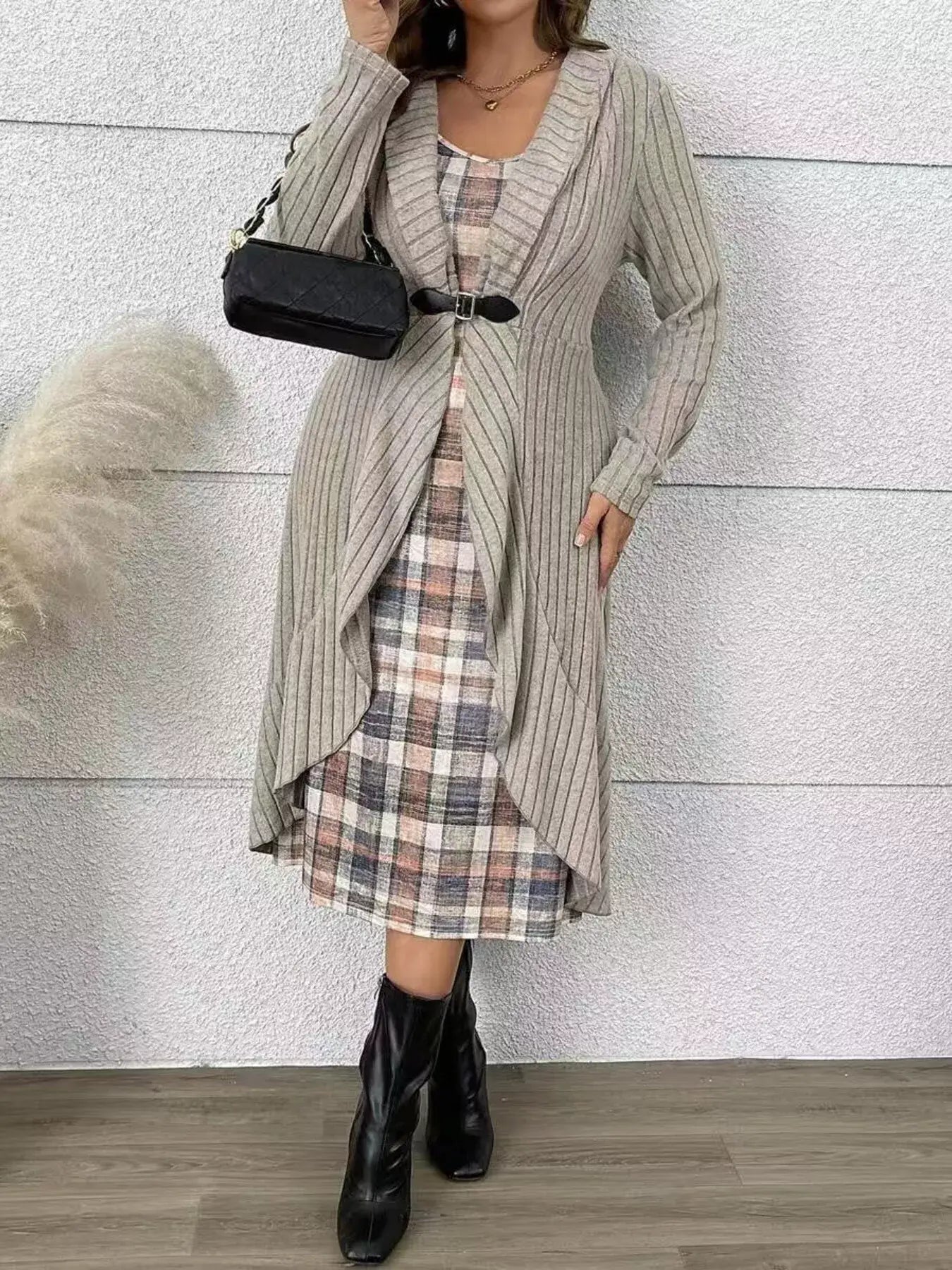 Plaid Cami Dress and Ribbed Cardigan Set displayed on a model showcasing elegant style.