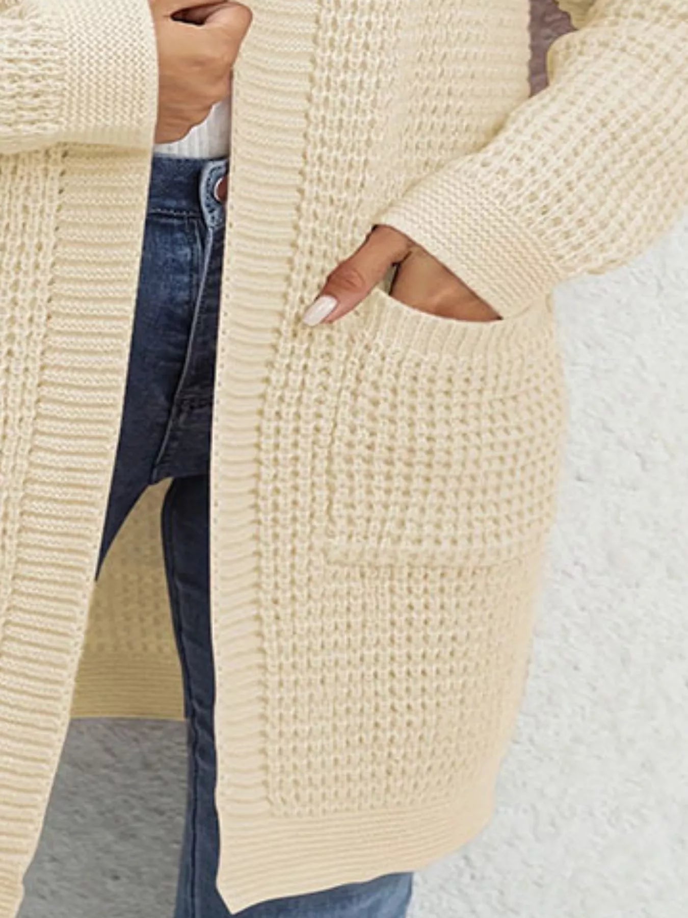 Chunky Knit Open Front Cardigan with pockets, featured in beige, perfect for cozy layered style.