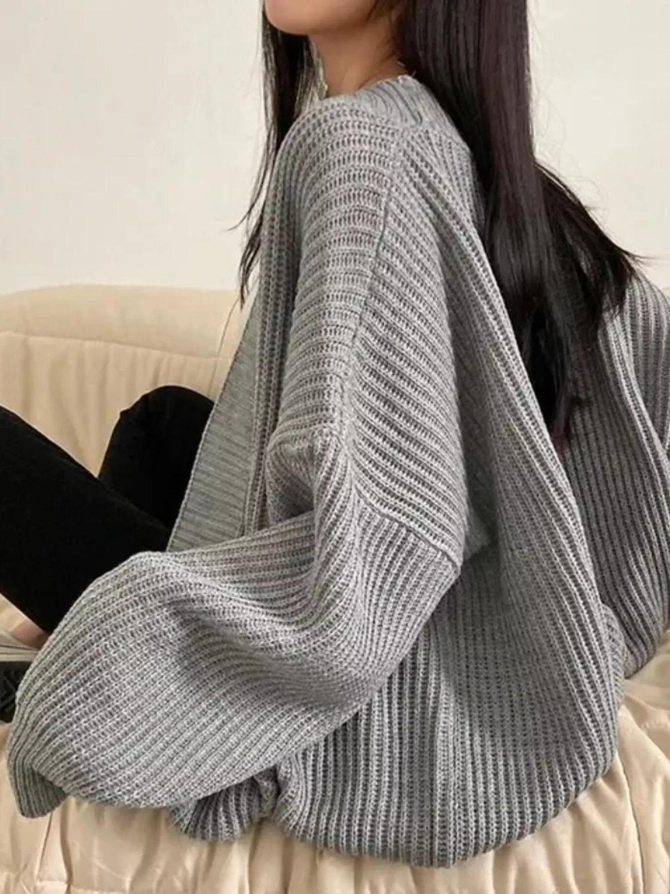 Open Front Oversized Knit Cardigan for Women in grey, showcasing its oversized style and comfortable knit texture.