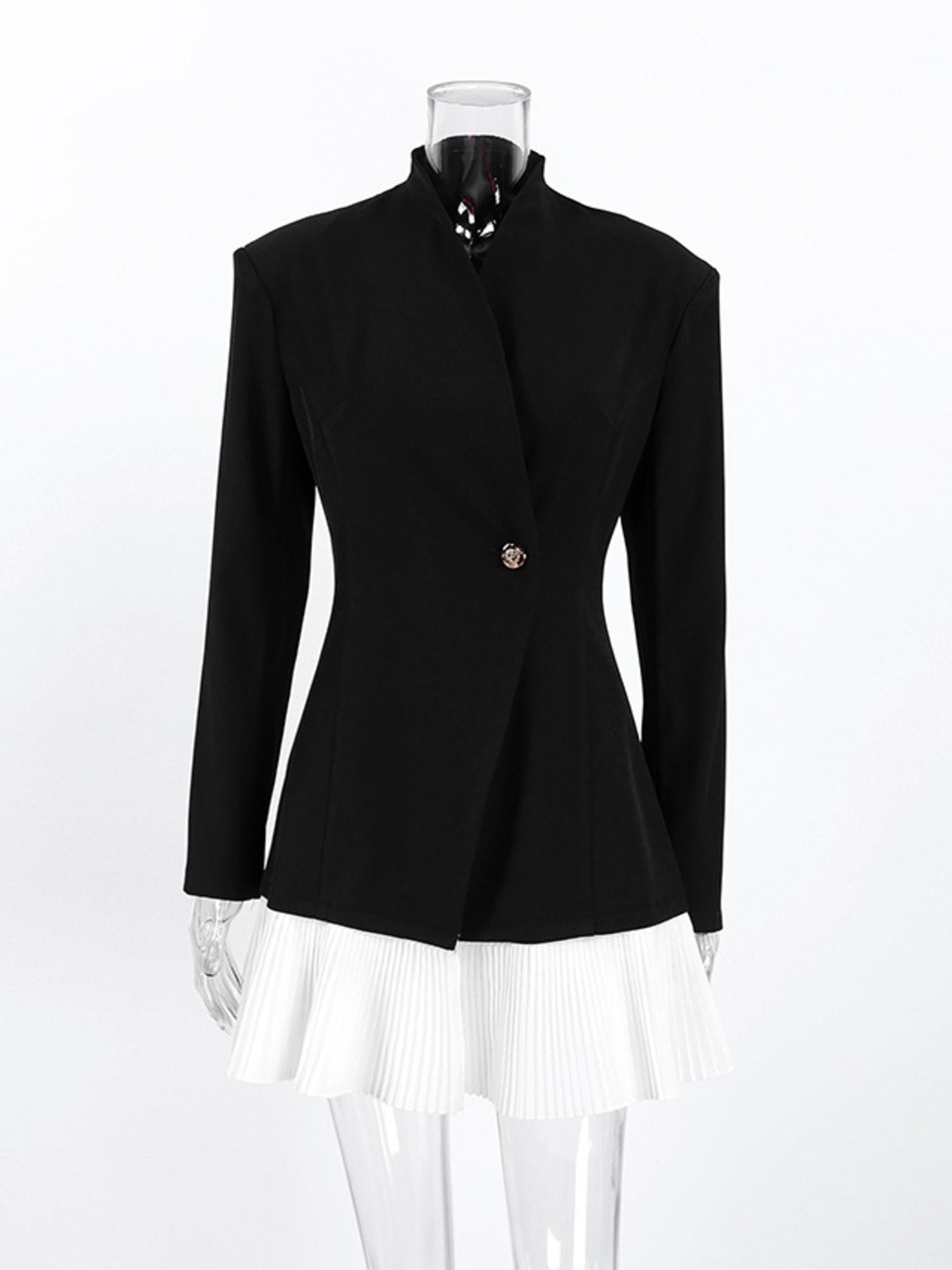 Pleated One Button Blazer Dress – Elegant tailored mini style featuring buttoned design and lined body.