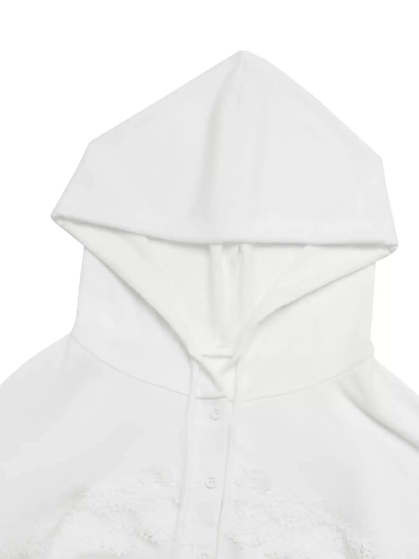 Lace Detail Long Sleeve Drawstring Hoodie white hoodie with lace accents and adjustable drawstring.