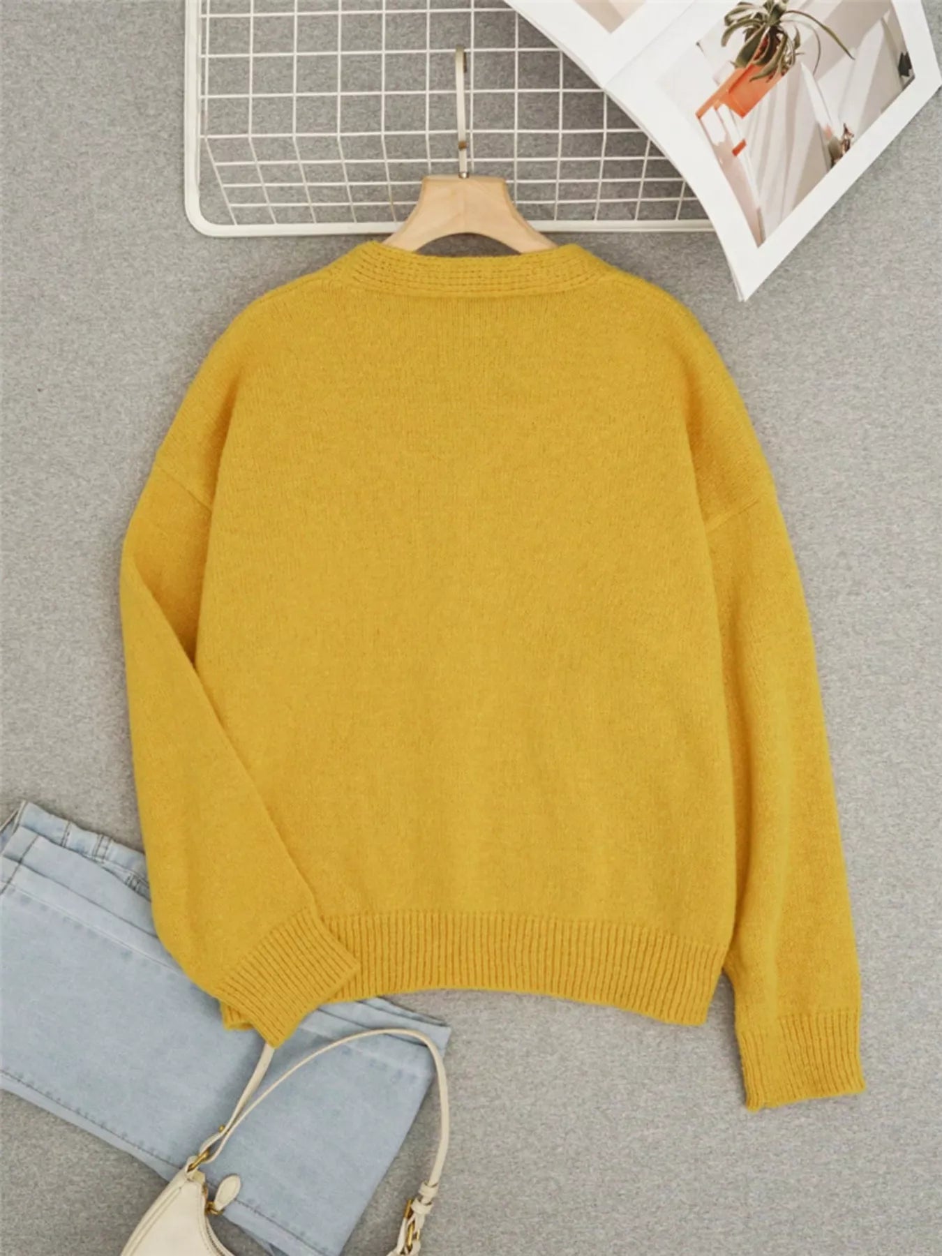 Bee Embroidered Button-Down Cardigan in vibrant yellow color, showcasing the back view, perfect for elegant everyday wear.