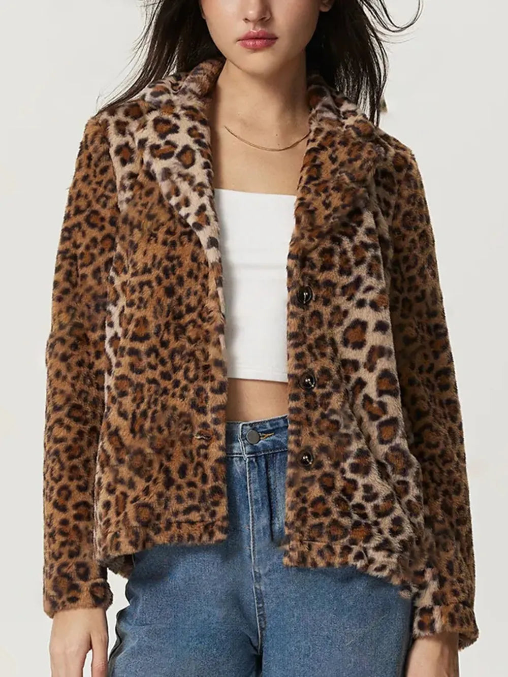Fuzzy Leopard Collared Neck Jacket on a model, perfect for stylish everyday wear with buttoned front and cozy material.