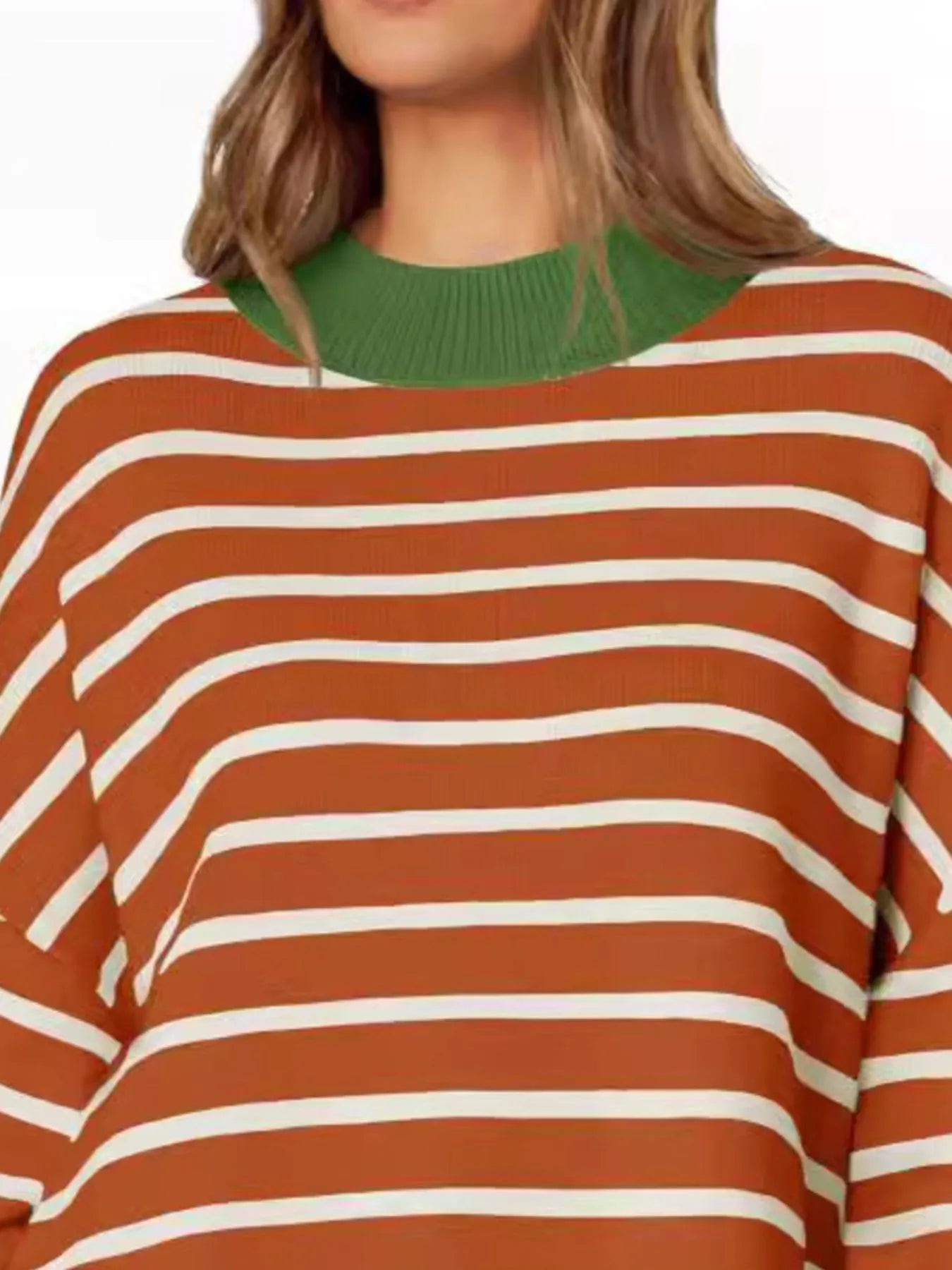 Striped Round Neck Long Sleeve Sweater featuring an oversized fit and a green collar.