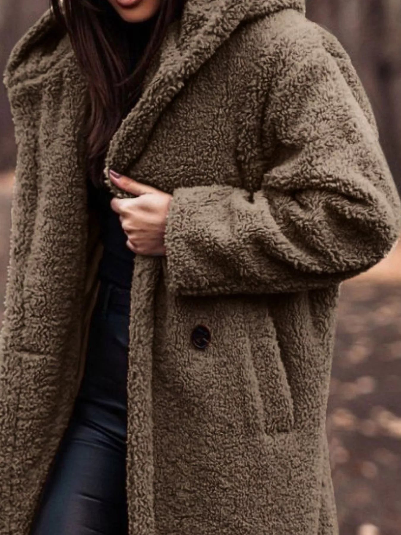 Teddy Bear Hooded Longline Outerwear in cozy brown texture, featuring buttons and pockets for stylish warmth.