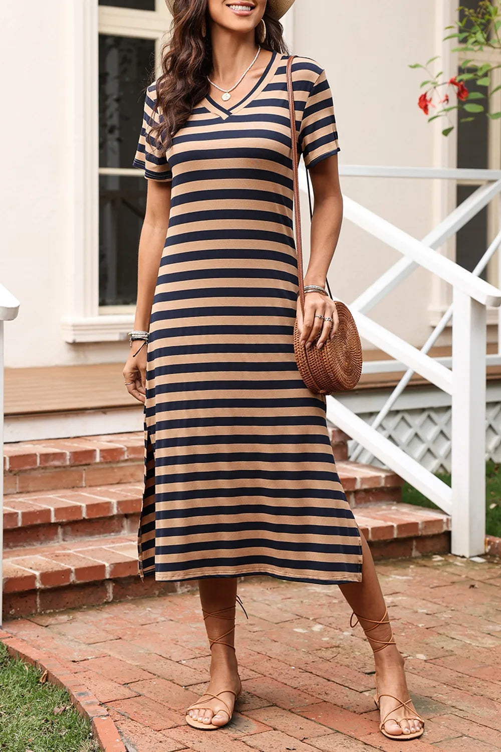 Casual Striped V-Neck Midi T-Shirt Dress featuring a slit, perfect for everyday style and comfort.