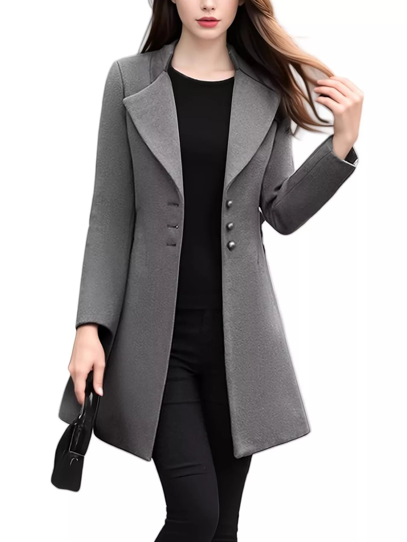 Full Size Single Breasted Long Sleeve Overcoat for Women in gray, featuring buttoned styling and a chic design.