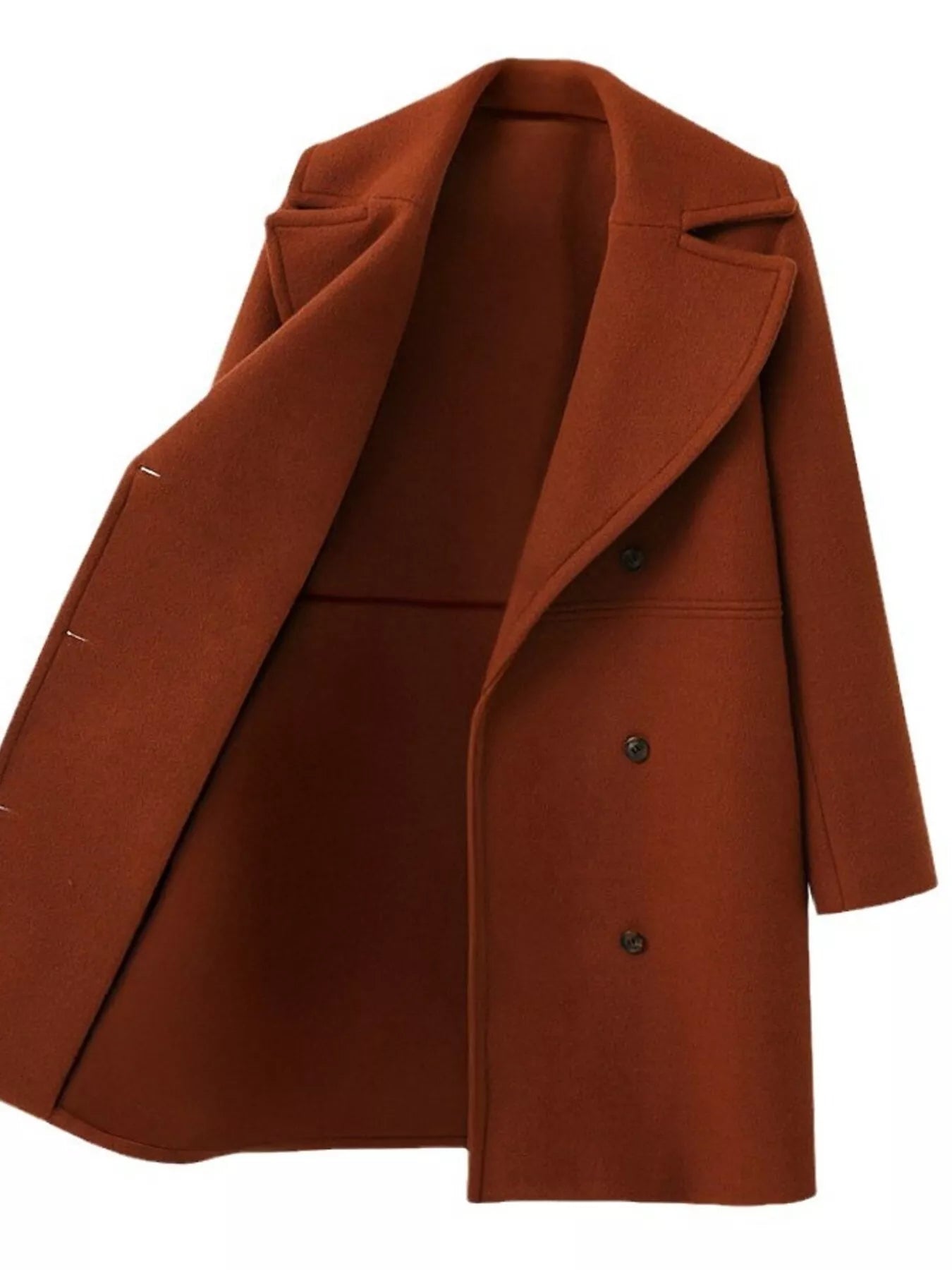 Double-Breasted Long Sleeve Coat in rust color with open front and structured design, perfect elegant outerwear.