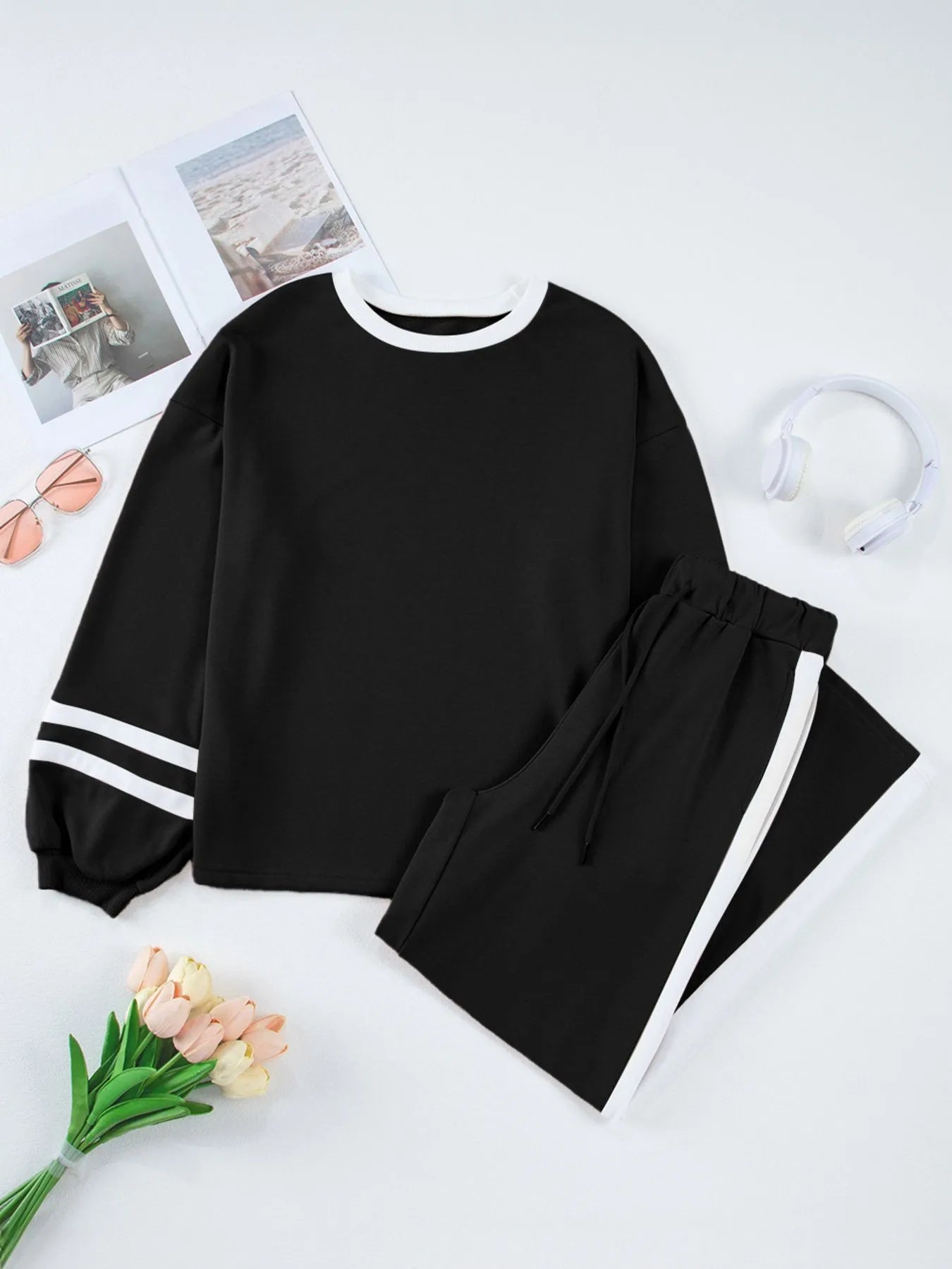 Contrast Trim Round Neck Top and Pants Set displayed in black with white trim and a relaxed fit.