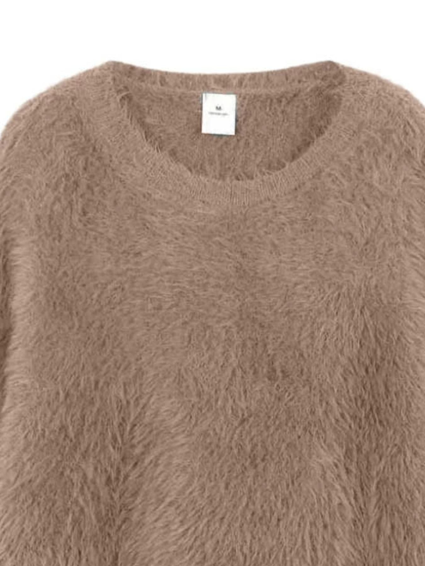 Fuzzy Round Neck Long Sleeve Sweater cozy women's pullover in soft beige color with a textured finish.