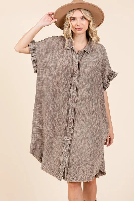 Mineral Wash Cotton Gauze Mini Shirt Dress for Women, featuring short ruffle sleeves, button-down front, and side pockets.