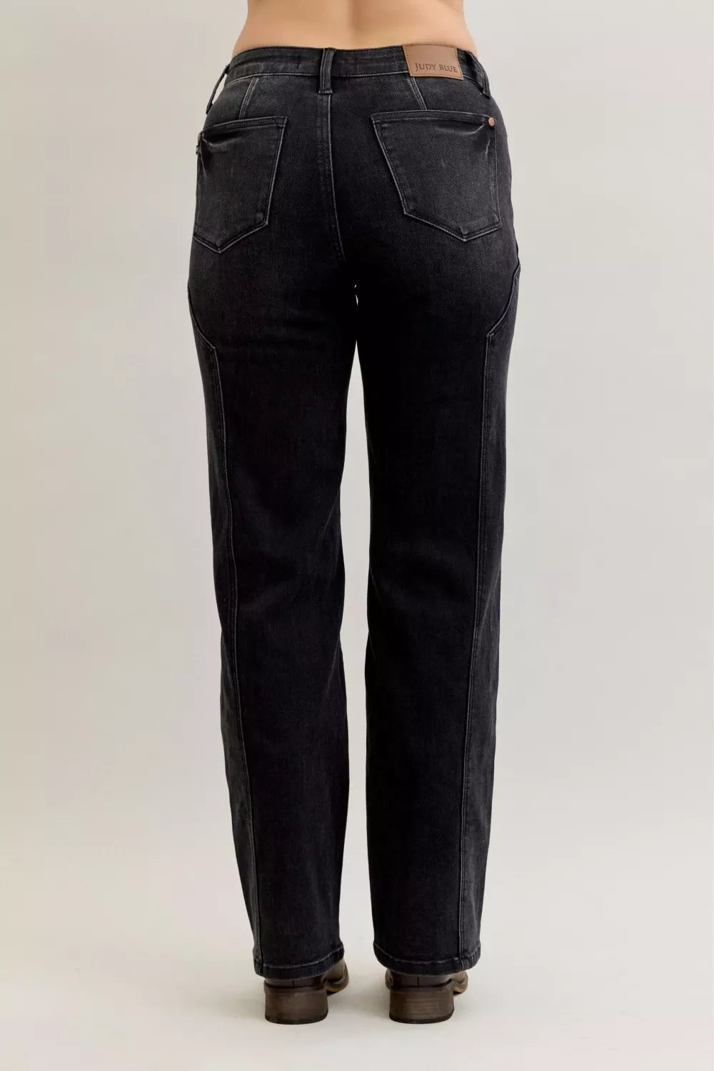 Back view of Judy Blue Mid Rise Straight Western Seam Jeans showcasing straight-leg fit and western seam detailing.