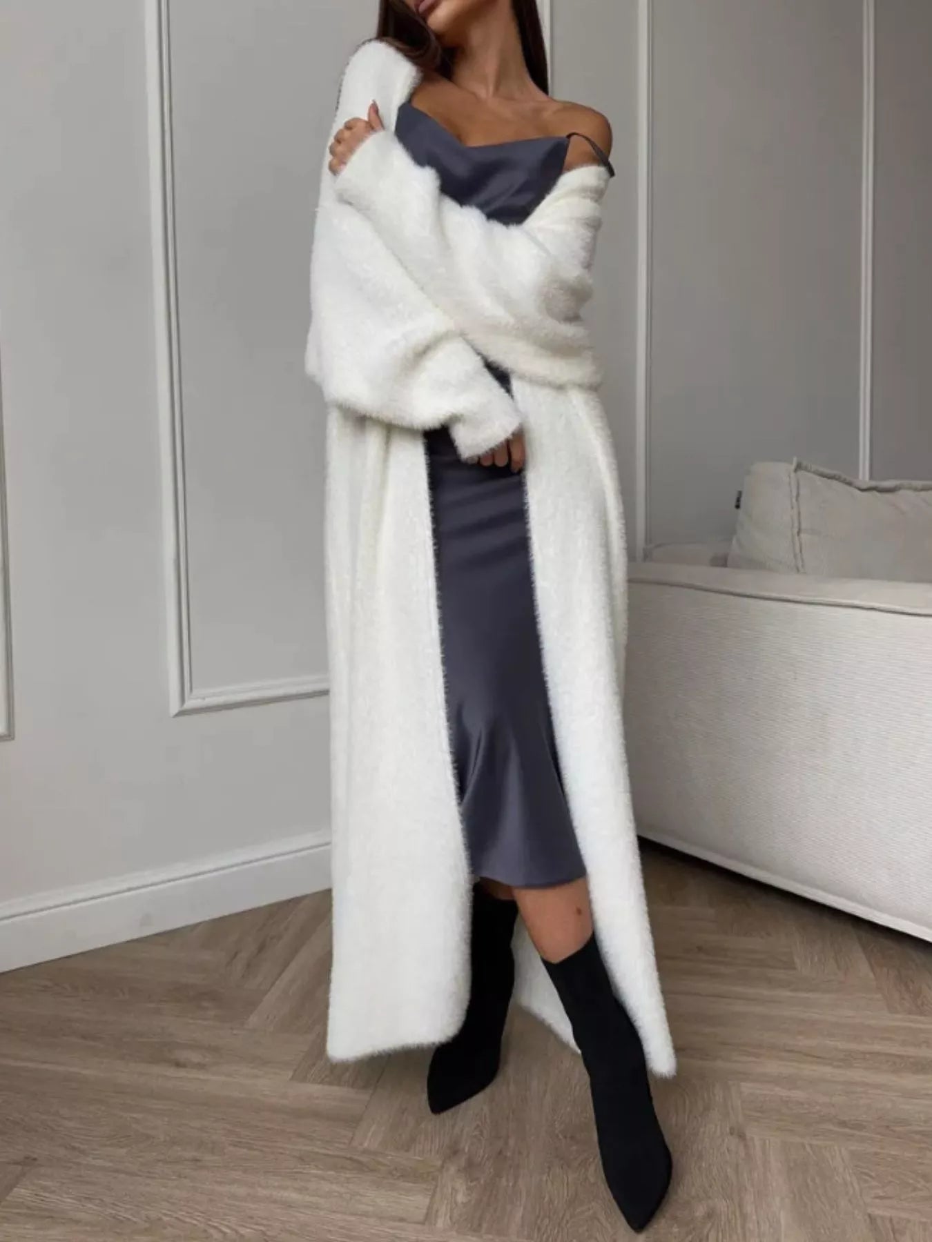 Fuzzy Open Front Longline Cardigan worn over a satin dress, showcasing a cozy and fashionable layered look.