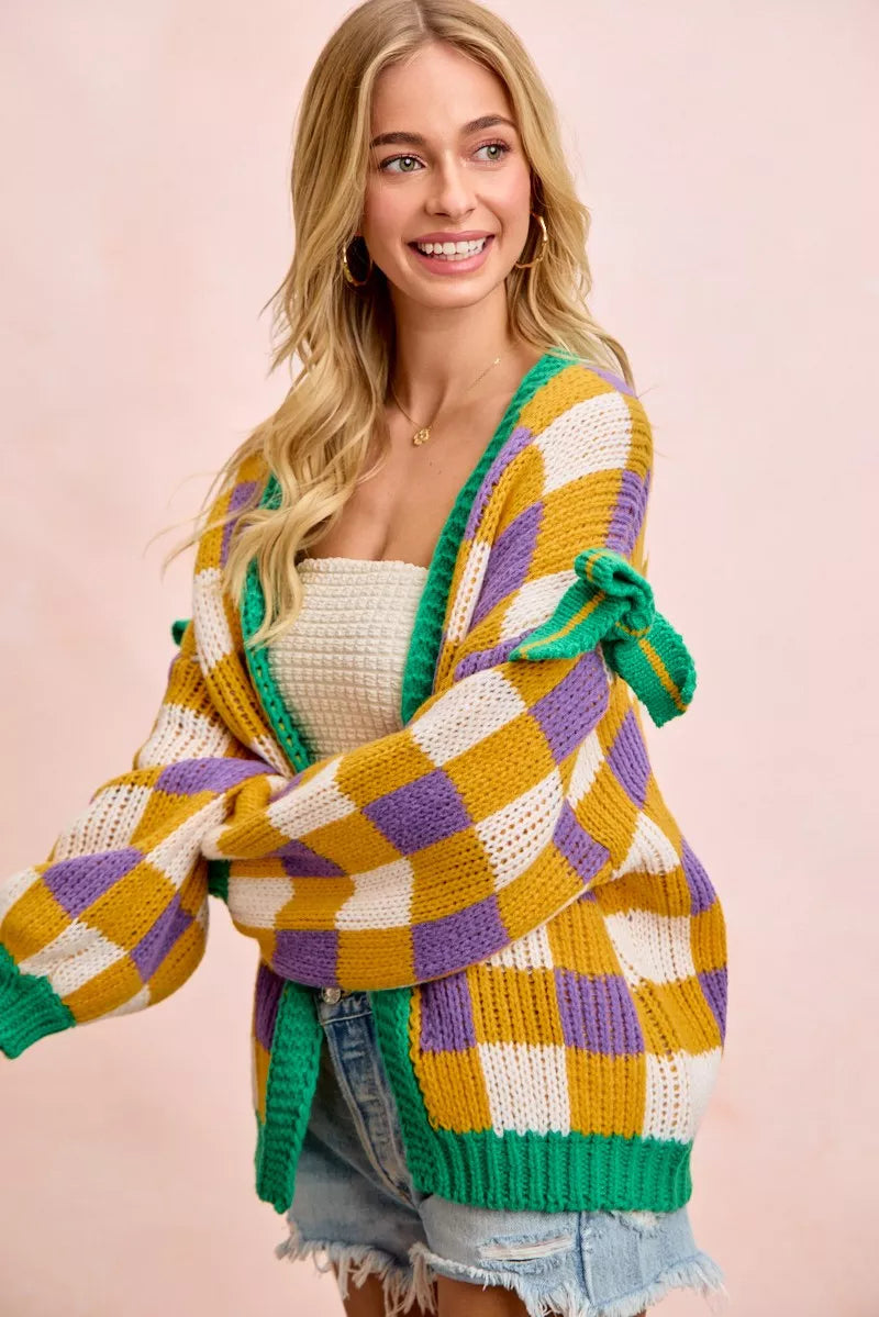 Bibi Mardi Gras Checker Board Front Open Cardigan for Women featuring vibrant colors and checkerboard pattern.