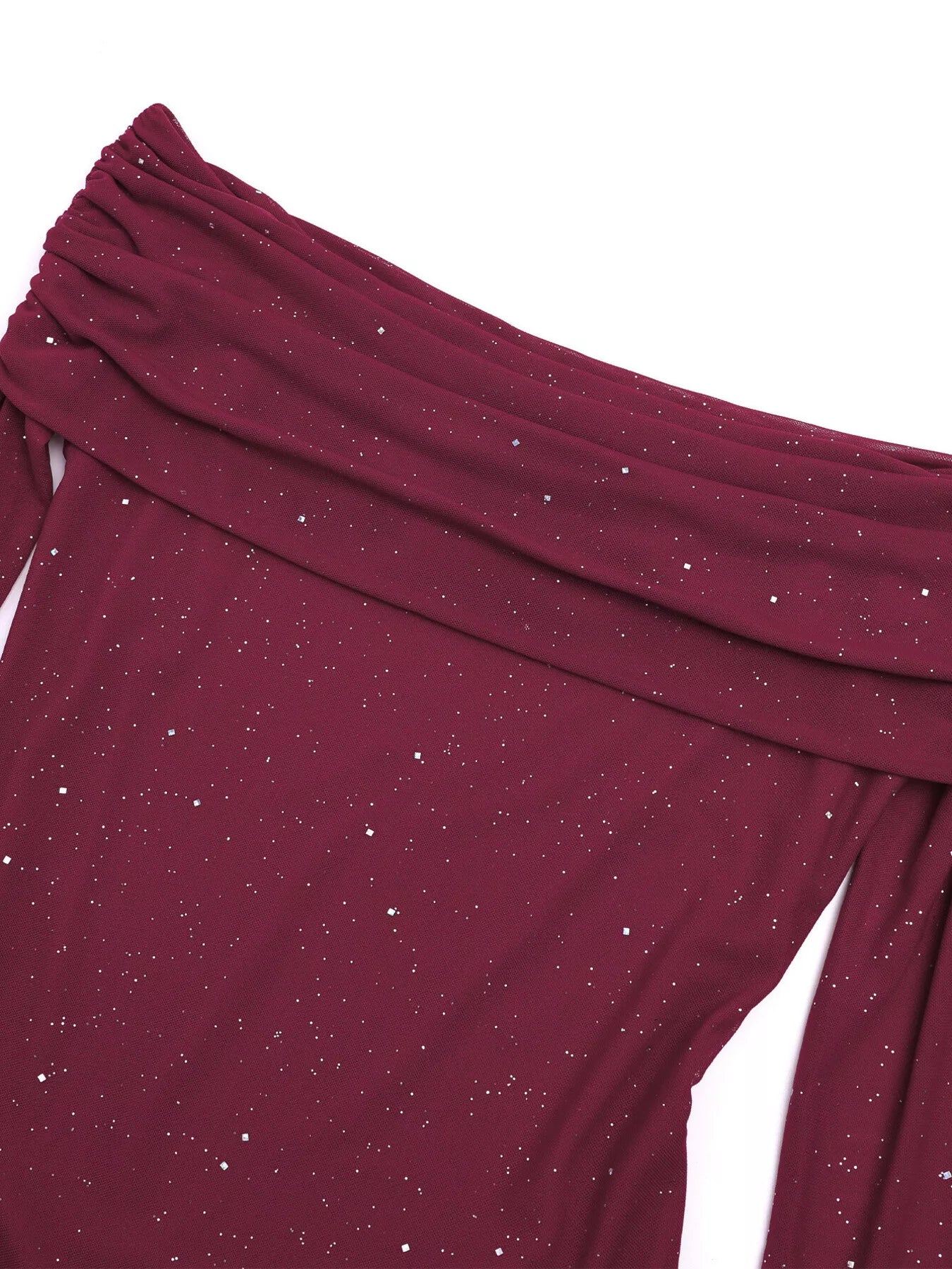 Glitter Off-Shoulder Maxi Dress featuring a rich burgundy color with sparkling glitter detail and a stylish draped neckline.