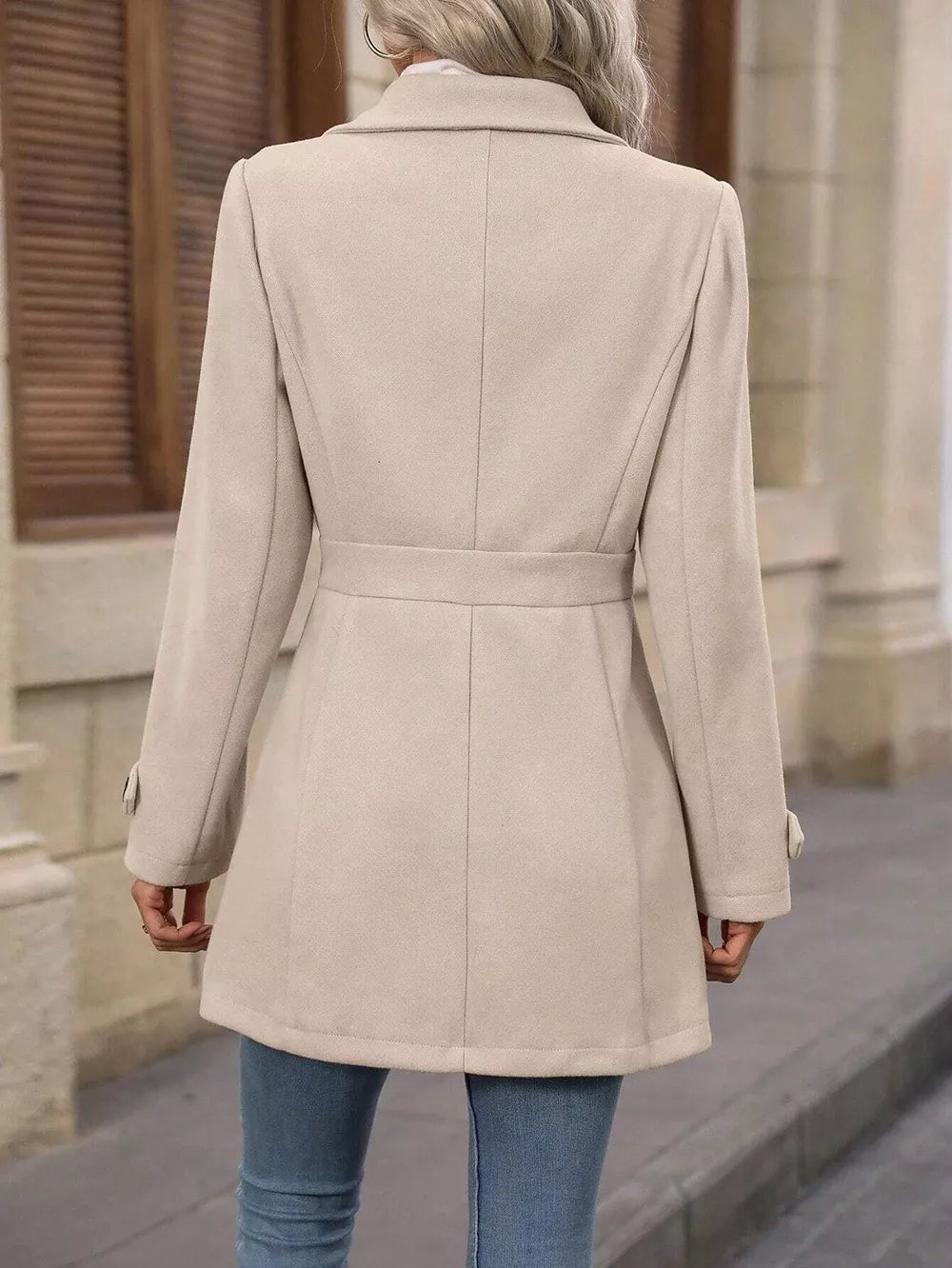Collared Neck Button Up Coat – Classic Everyday Outerwear, shown from the back in a beige color.