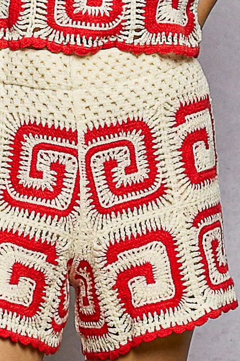 POL Crochet Patterned Shorts showcasing intricate red and white crochet designs, perfect for stylish summer looks.