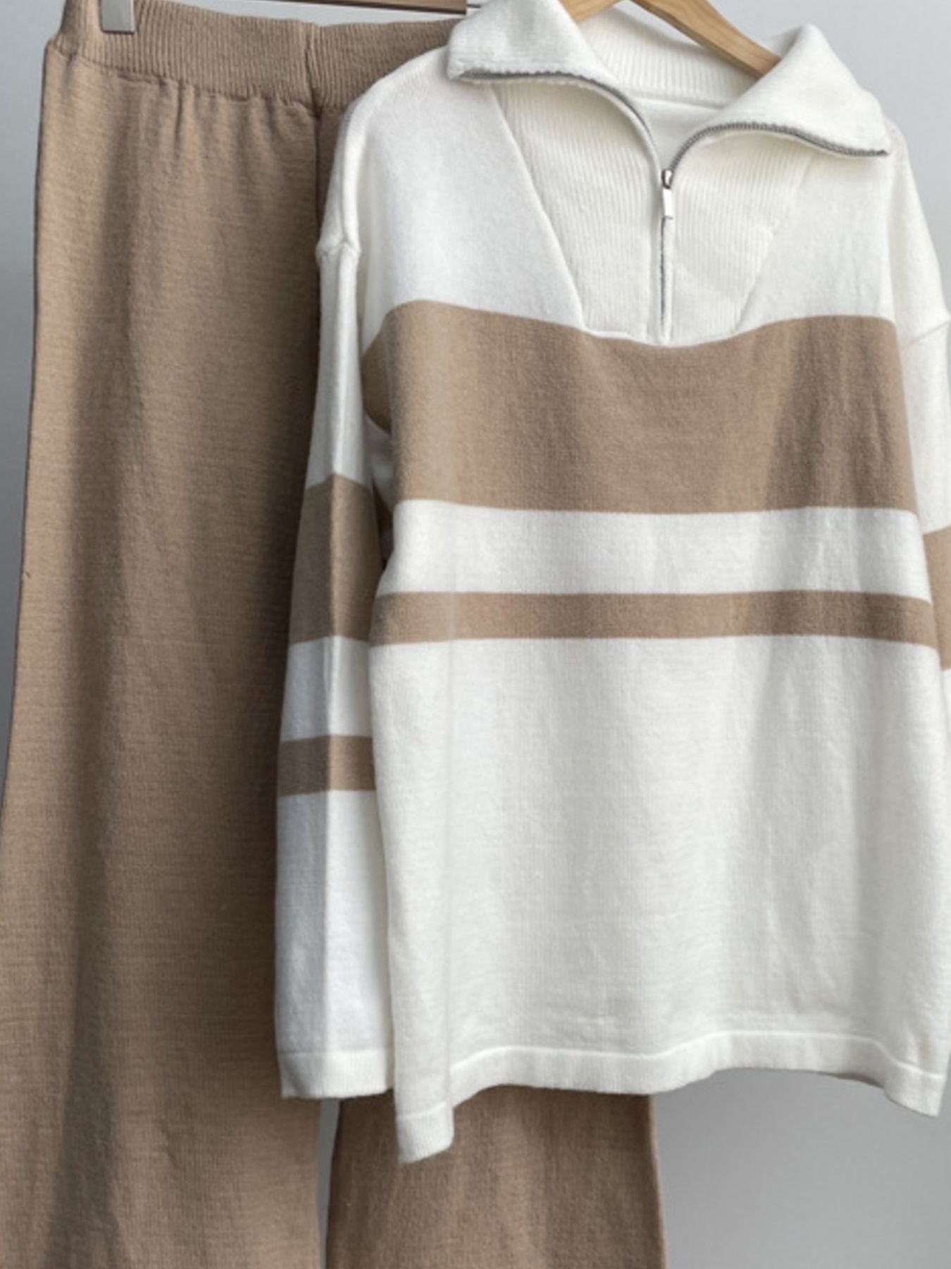 Long Sleeve Top and Pants Sweater Set cozy women's lounge outfit in neutral tones with a zip collar and striped design.