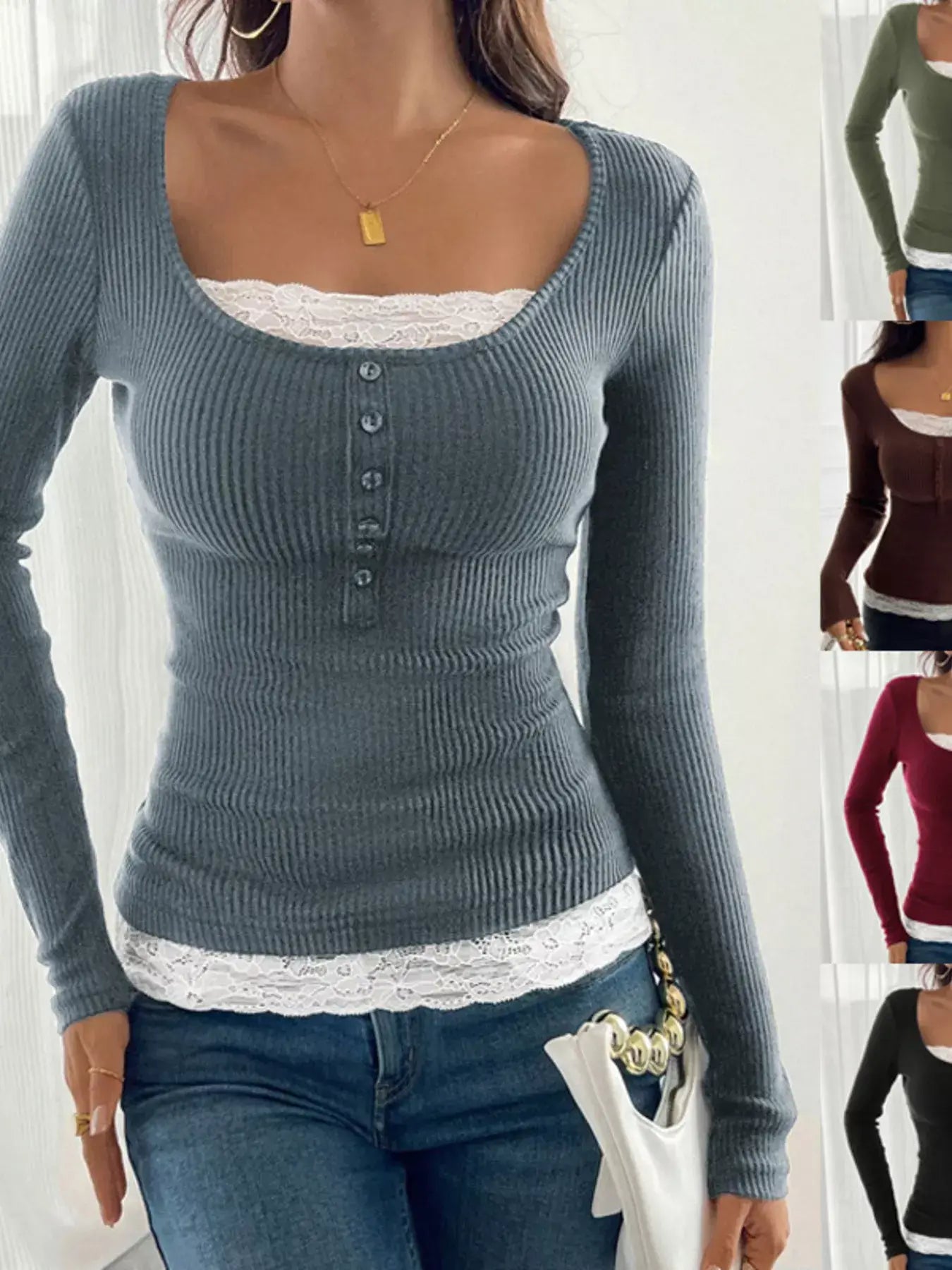 Lace Detail Long Sleeve Ribbed Top in gray, featuring decorative buttons and layered lace hem.