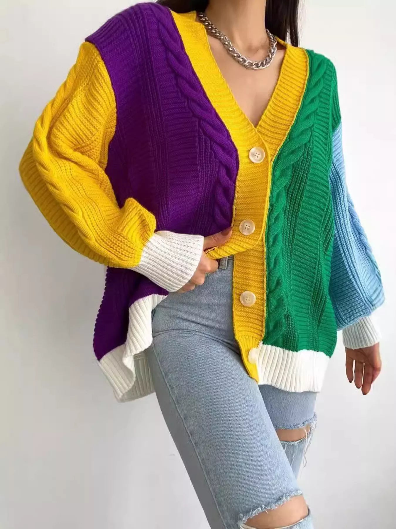 Color Block Button Down Cable-Knit Cardigan – Cozy Knit Layer featuring vibrant colors and a cozy design.